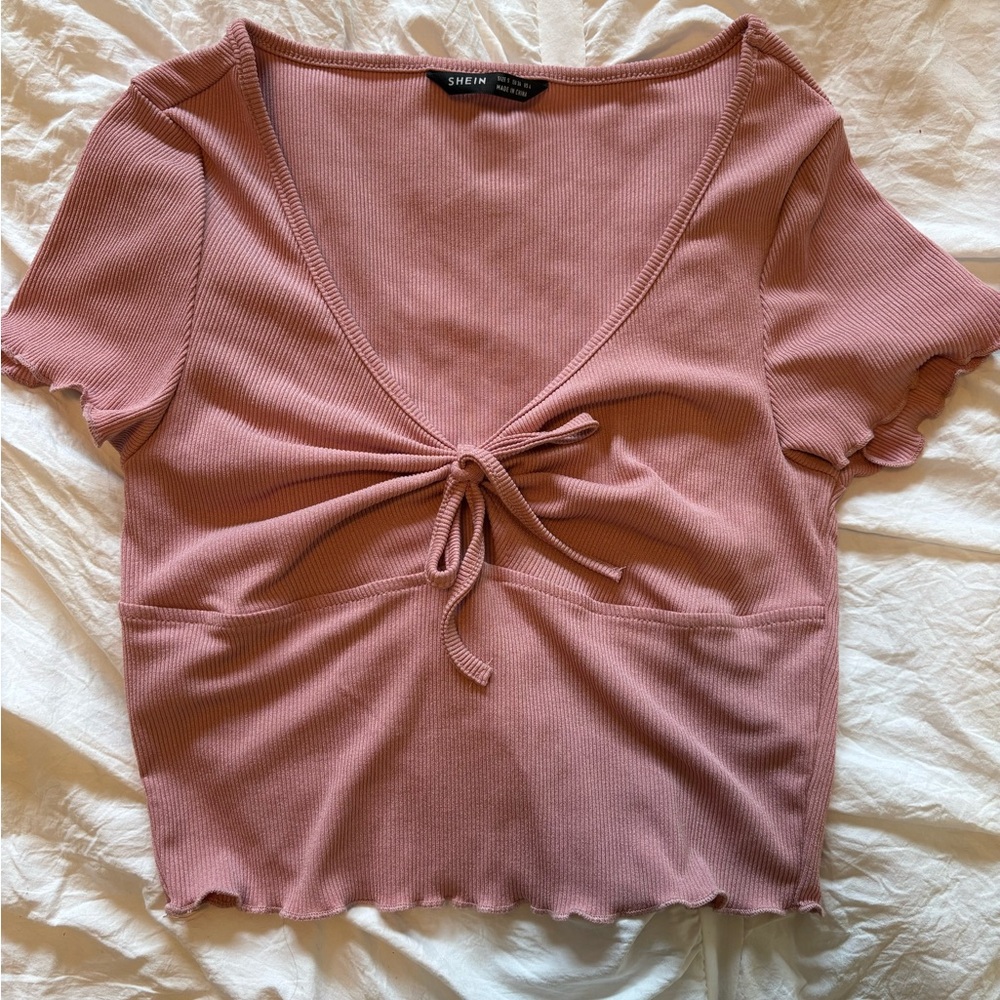 SHEIN Dusty Pink Ribbed Tie-Front Blouse